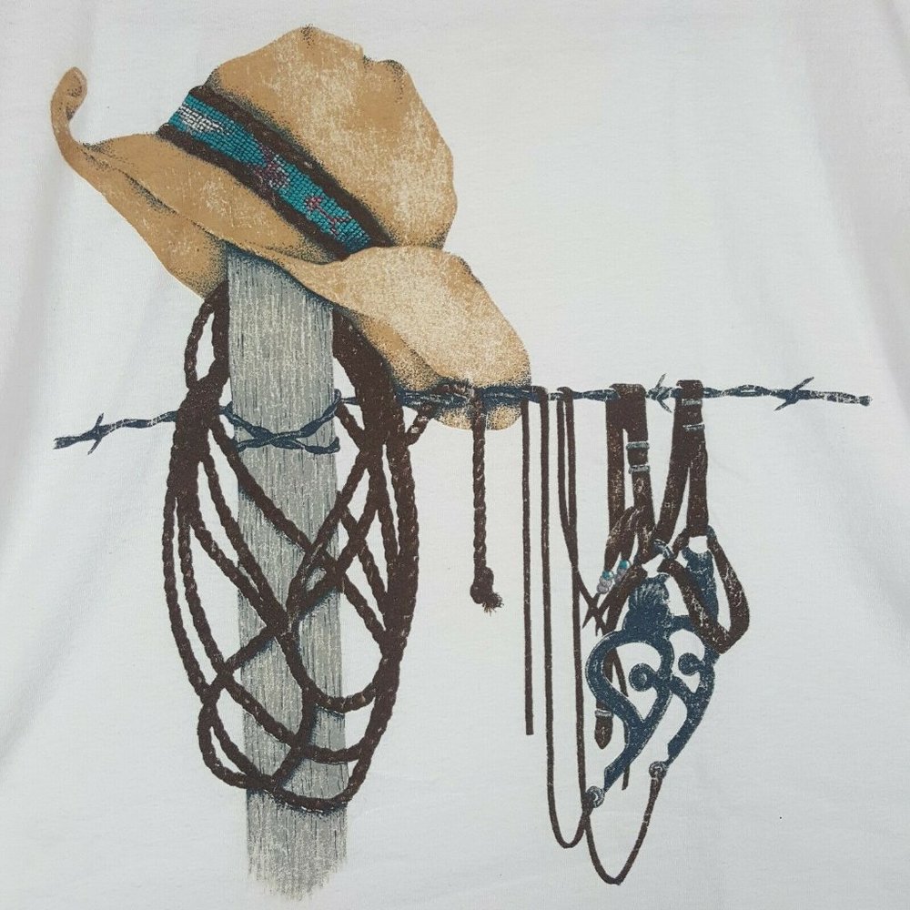 Vtg 90s Western Crop Top T-Shirt L XL White Cowboy